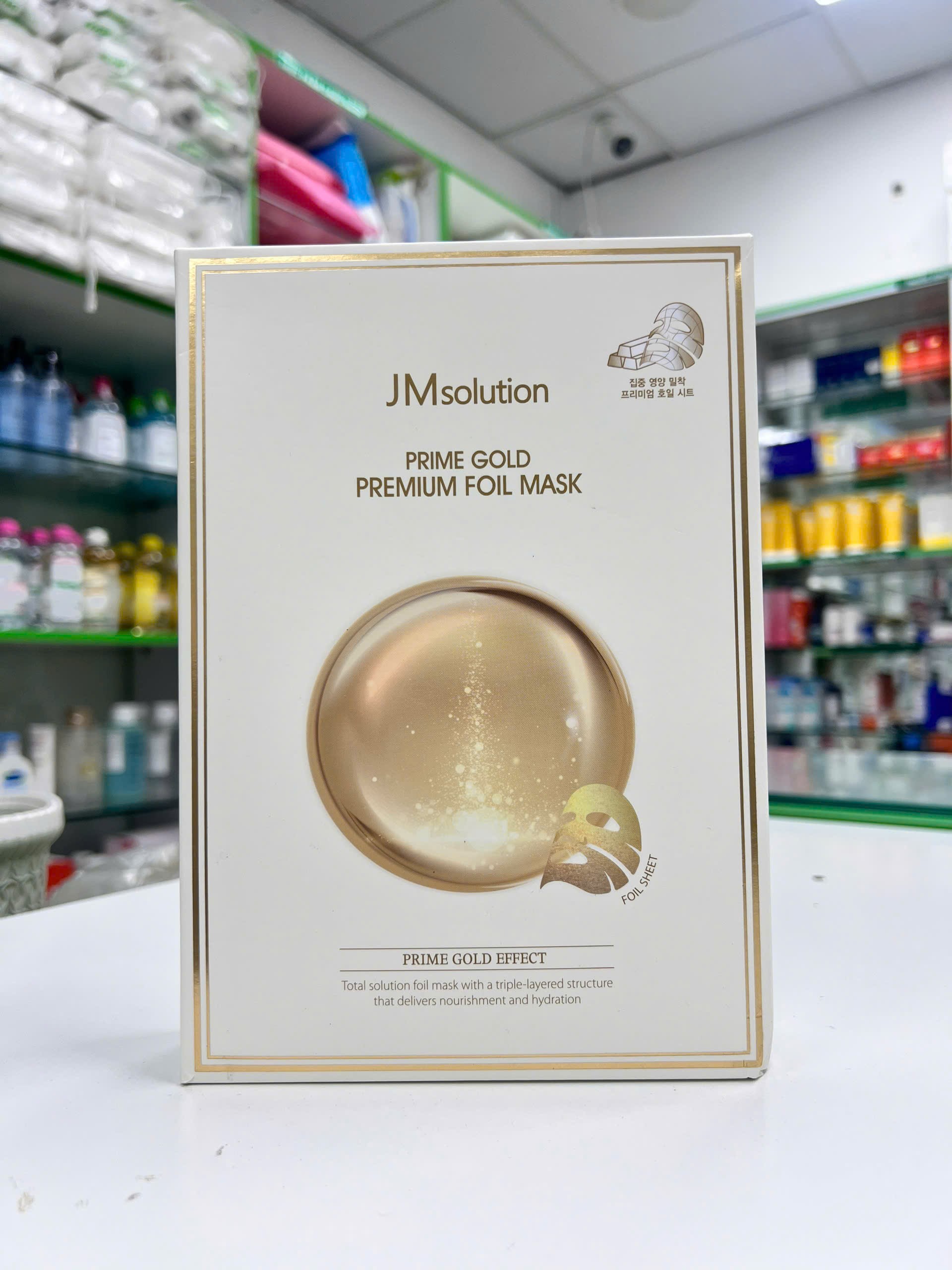 Mặt Nạ JMsolution Prime Gold Premium Foil 30ml — bao bì sản phẩm và mặt nạ
